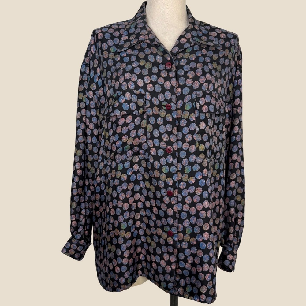VTG 90s Silk Colorful Polka‎ Dot Blouse Colorful Polka Dot Long Sleeve LARGE 90s